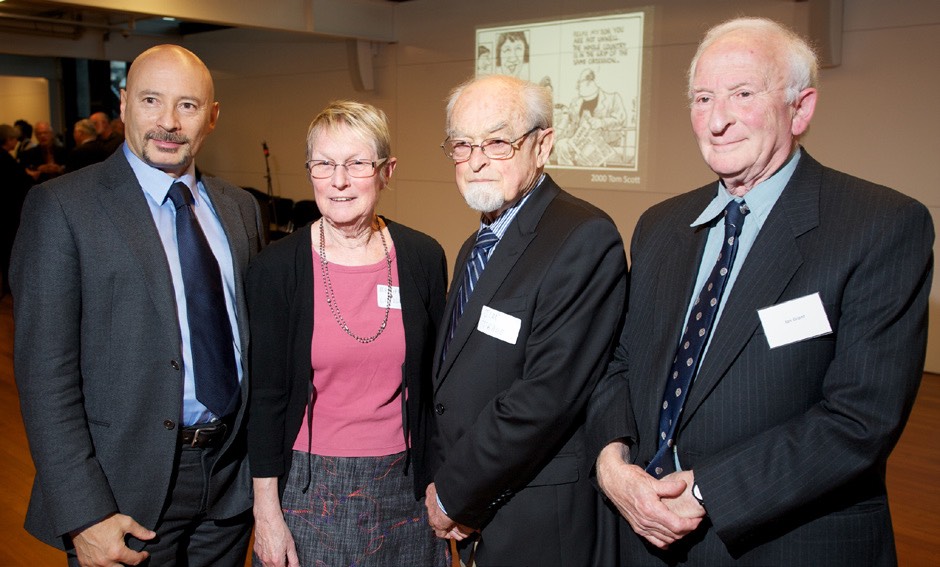 Chief Librarians Chris Szekely, Margaret Calder and Jim Traue with Ian Grant.
